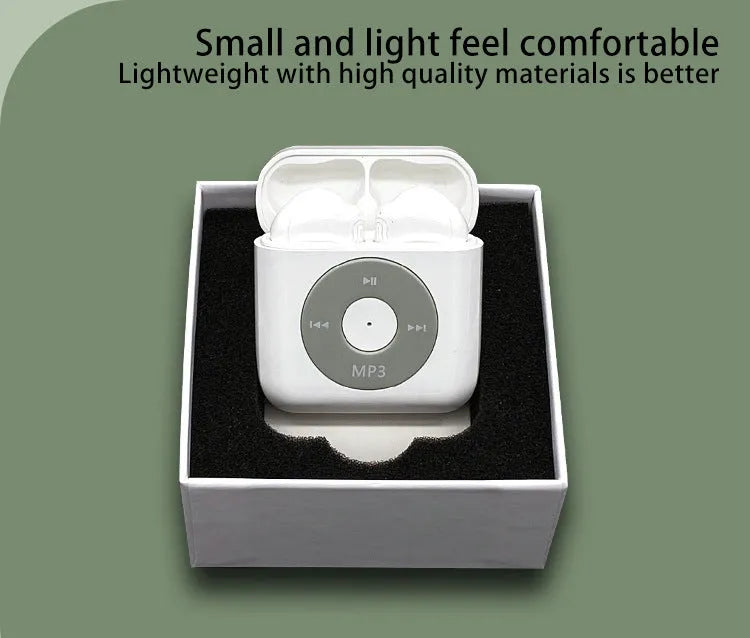 White wireless Bluetooth earphones with a semi-in-ear design and a matching charging case on a clean background.