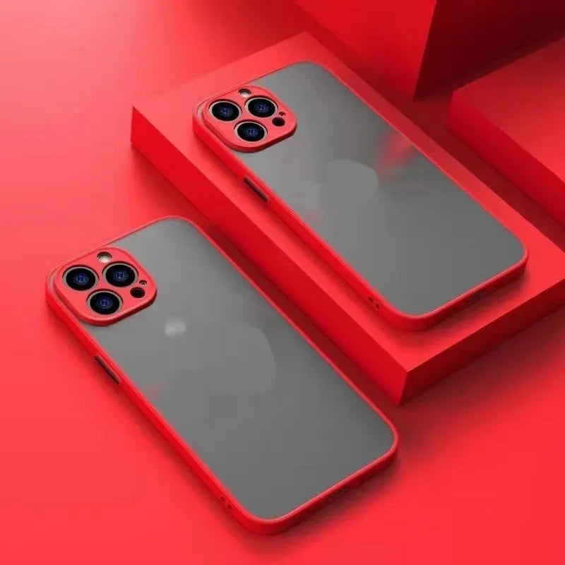 Frosted magnetic phone case for Apple iPhone on a table, showing anti-fingerprint matte finish.