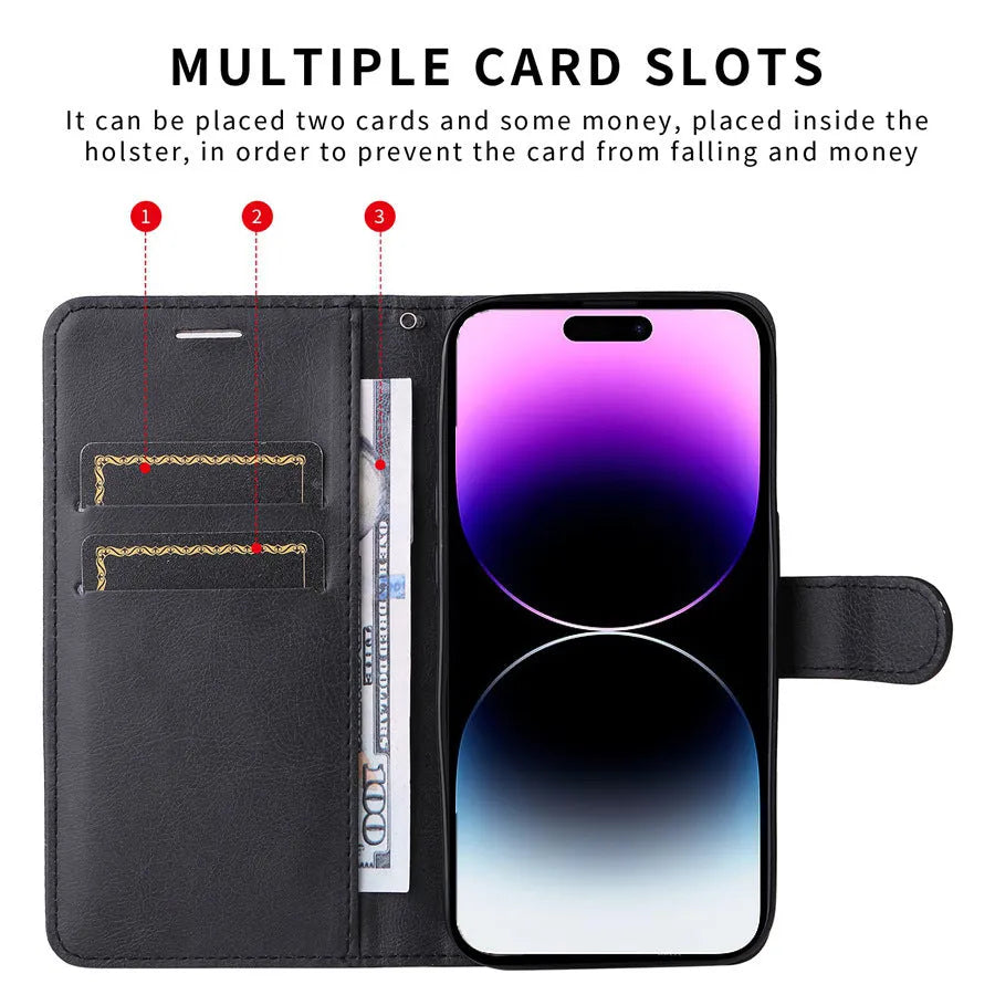 Leather style flip wallet phone case with card slot and kickstand for iPhone