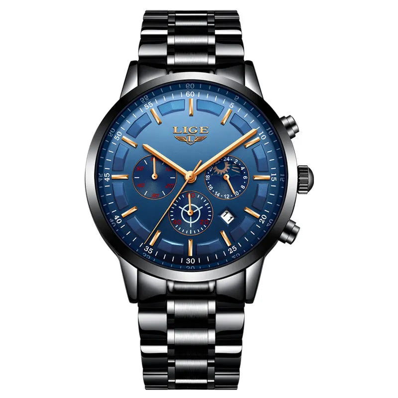 Men's waterproof quartz sports watch showing four colour options with 12mm case thickness