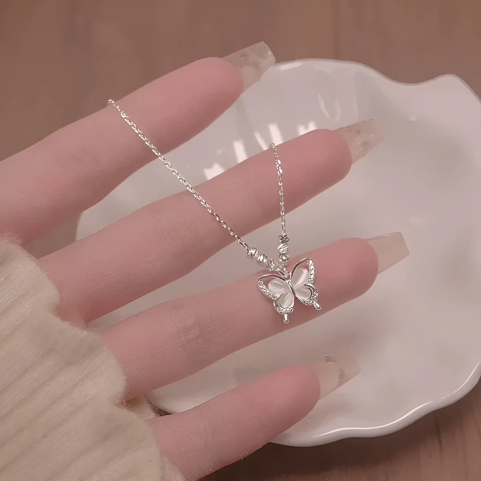 Women's square line opal butterfly necklace in 925 silver with cross chain design on adjustable 41-50cm chain