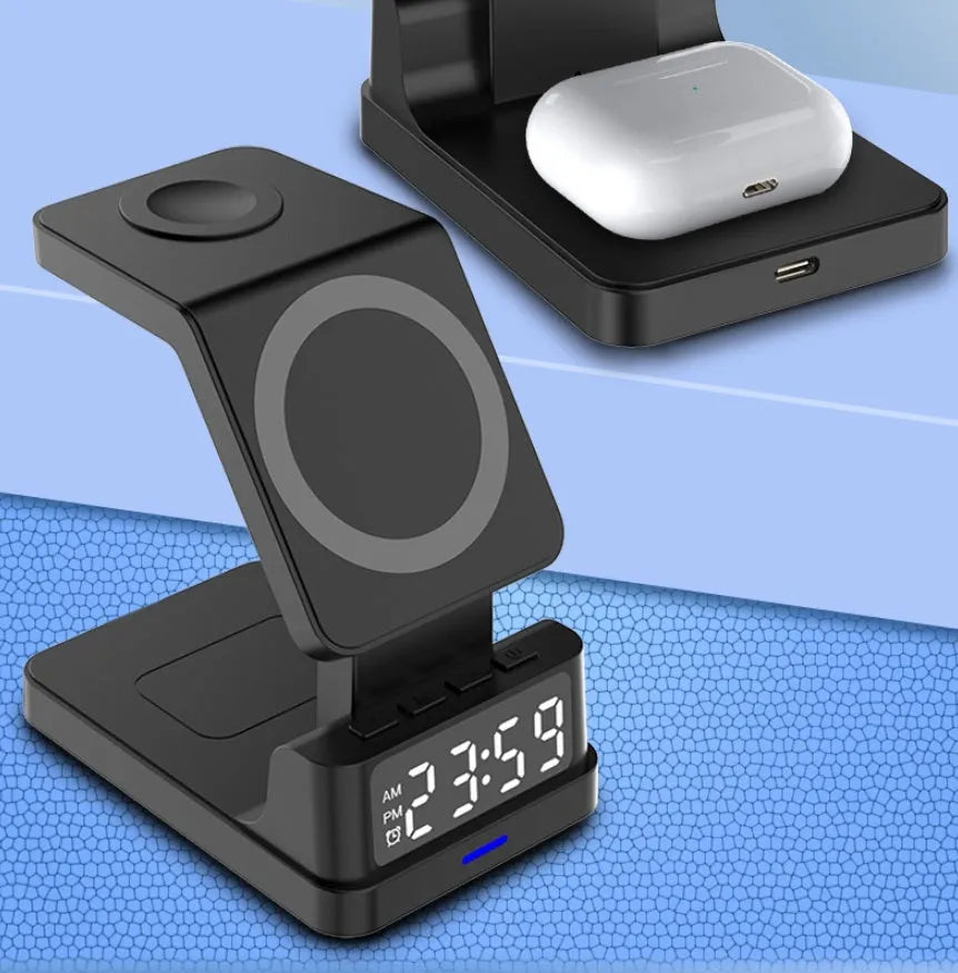 Black magnetic three-in-one wireless charger with clock and three charging pads on a desk