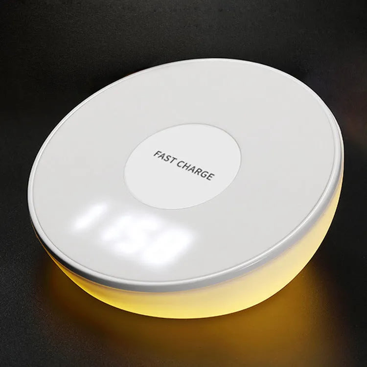 White 10W QI wireless charging pad with digital clock display and alarm functions