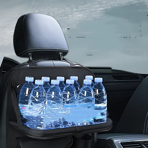Black Oxford cloth car seat back buggy bag with hanging storage organiser measuring 42x30cm