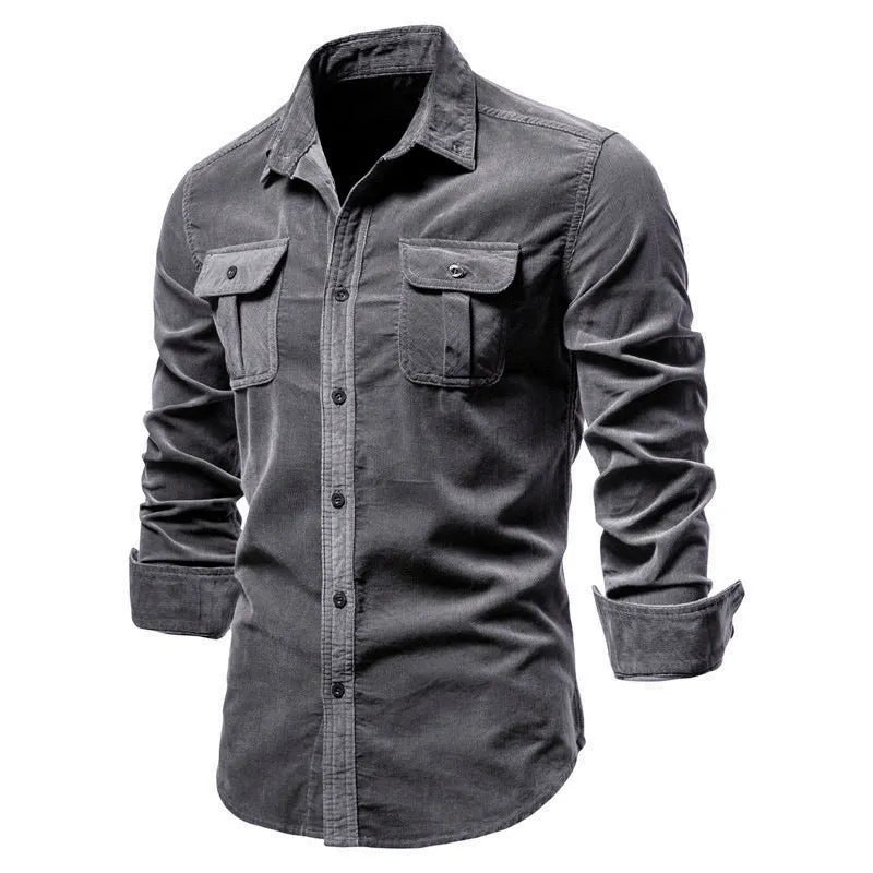 Men's long sleeve linen shirt on hanger showing colour options like denim blue, army green, and red.