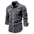 Men's long sleeve linen shirt on hanger showing colour options like denim blue, army green, and red.