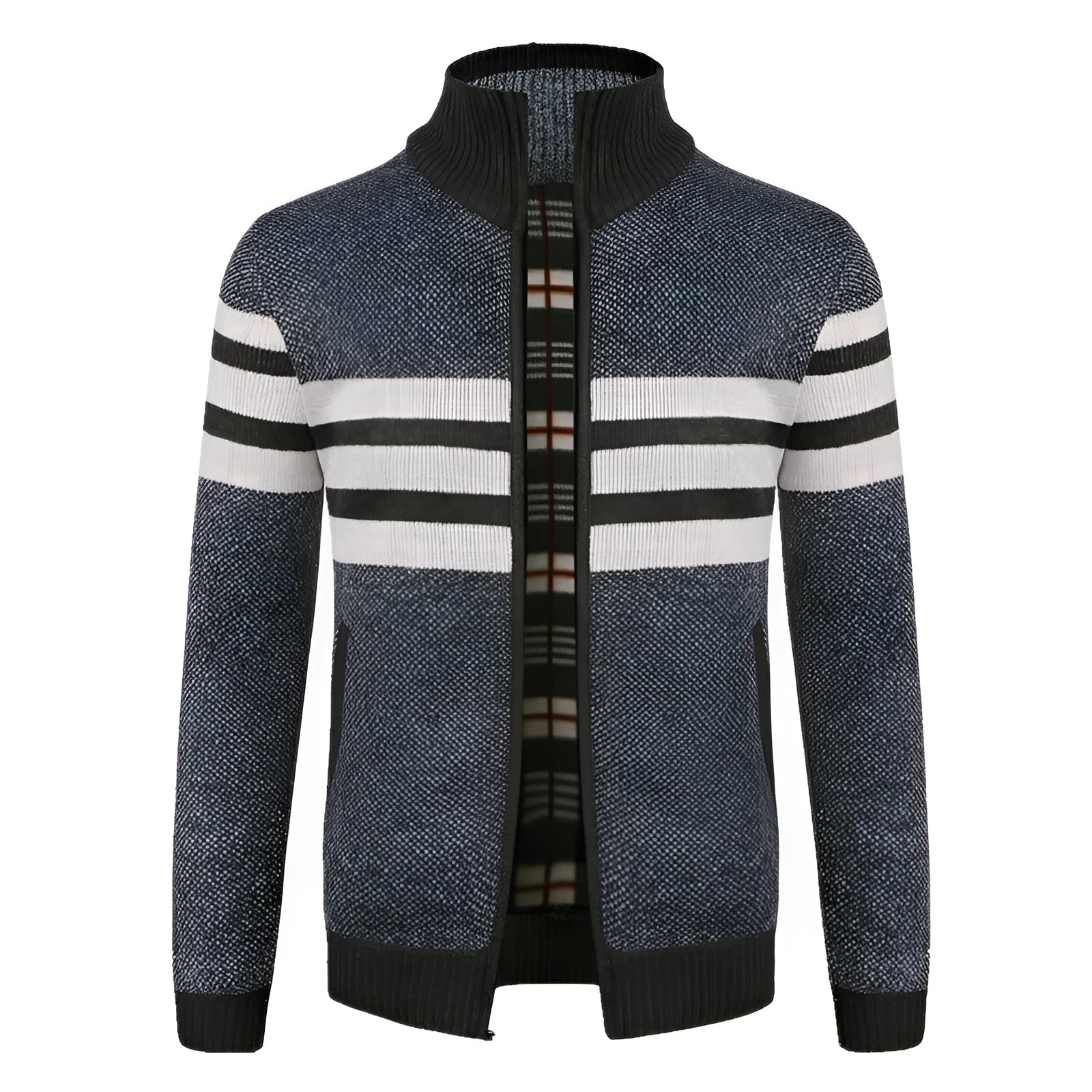Dark gray loose-fit cardigan sweater on a casual background, showing acetate cotton blend fabric and open front