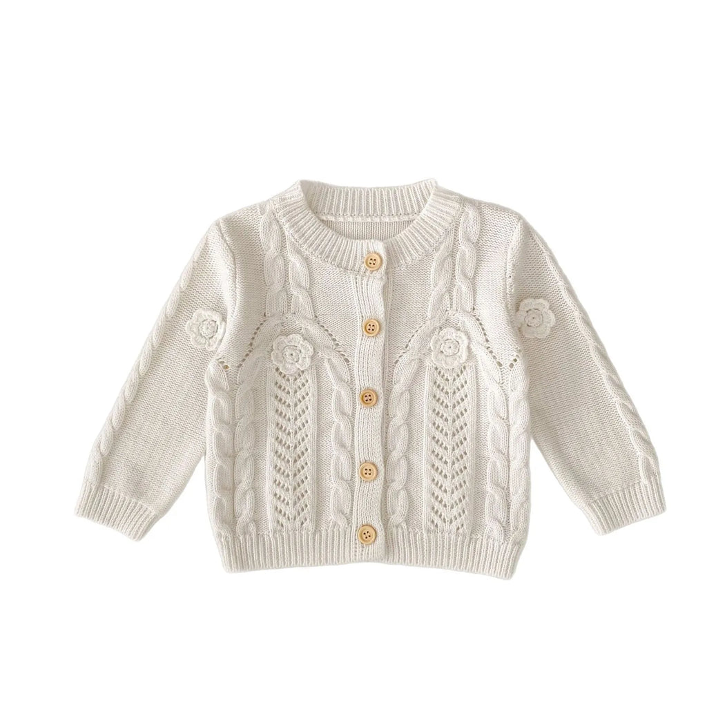 Beige baby girl hand crocheted flowers twist knit pure cotton jacket with long sleeves