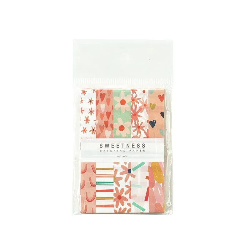 Pack of 50 retro collage material note papers in dessert colours like red plum and caramel, each sheet 56mm by 83mm.