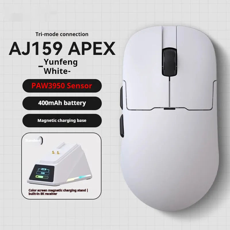 AJ159 gaming mouse in Yunfeng White colour with compact design showing three connection modes