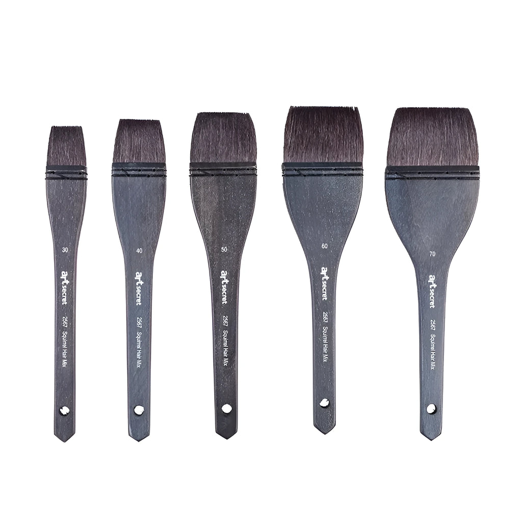 Grey squirrel hair artist paint brush with a light wood handle on a white background