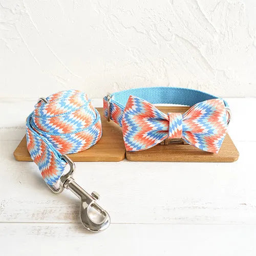 Orange and blue polyester money loop dog leash set on a white background