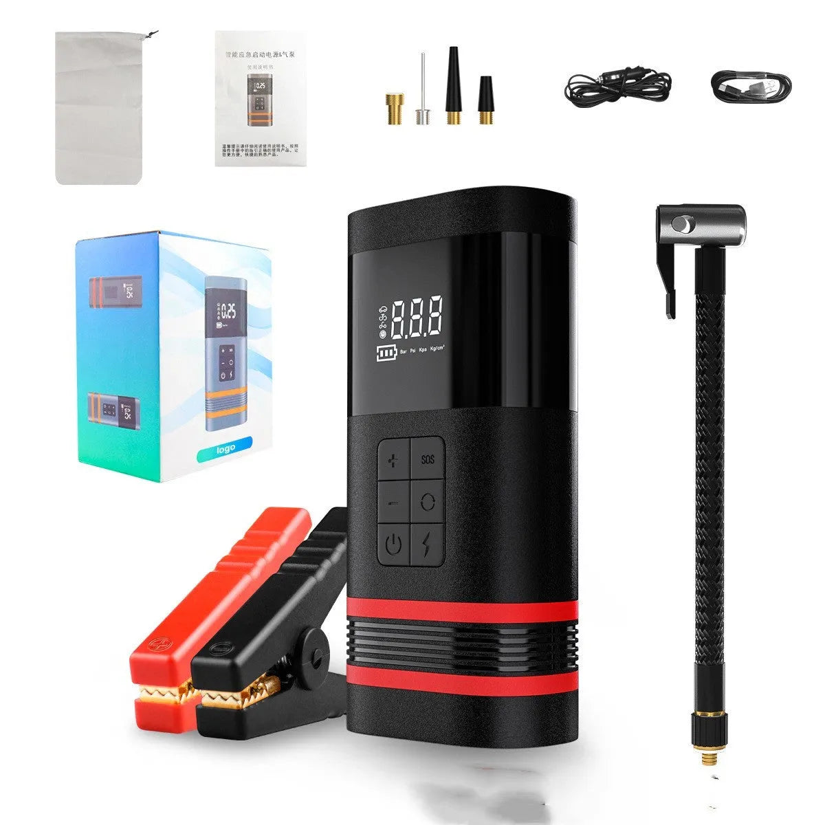 Black rectangular automobile emergency jump starter power bank with USB port and LED light.