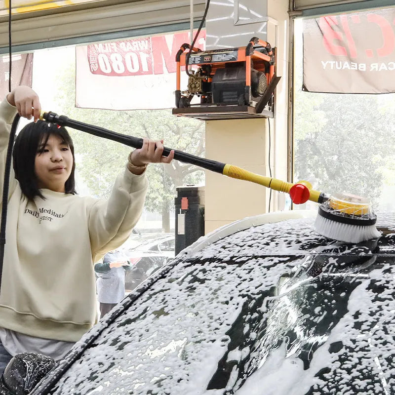 Yellow car wash mop with hydraulic controls and dual-material brush head