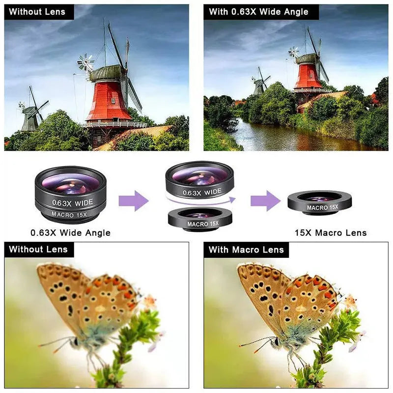 Ten-in-one external camera lens kit with fisheye, wide-angle, and macro lenses on smartphone