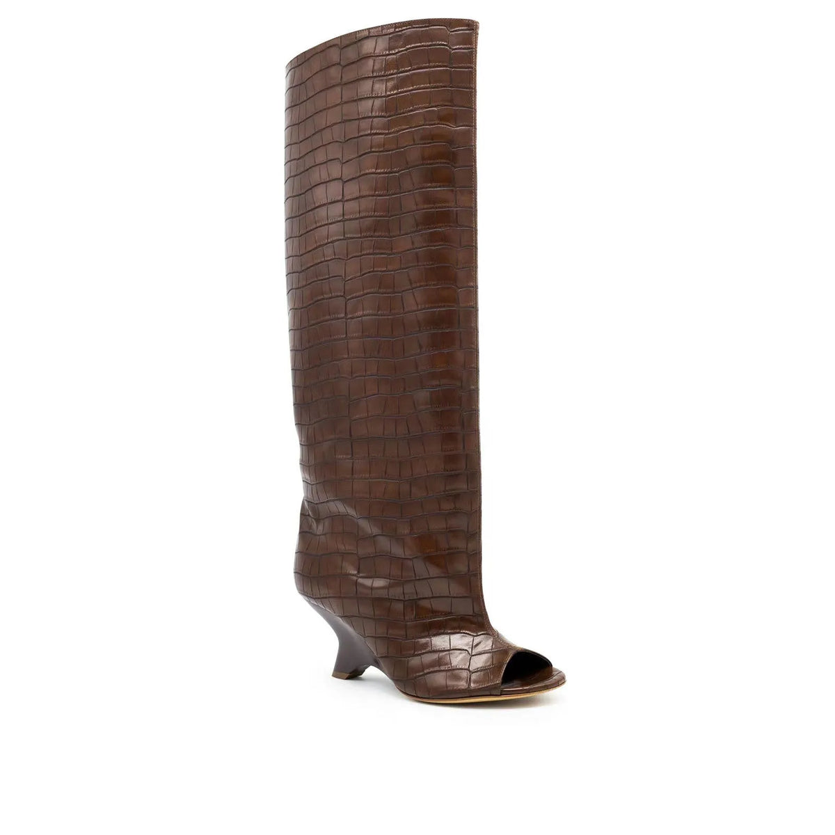Women's peep toe wedge suede sandal boots with tassels, available in apricot colour, side view