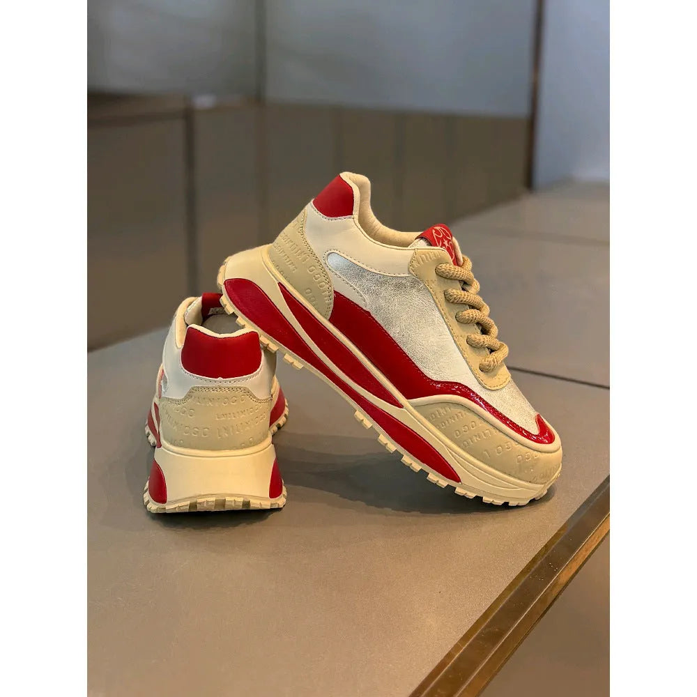 Men's retro style lace-up Daddy shoes in synthetic leather with a thick sole, shown in beige red.