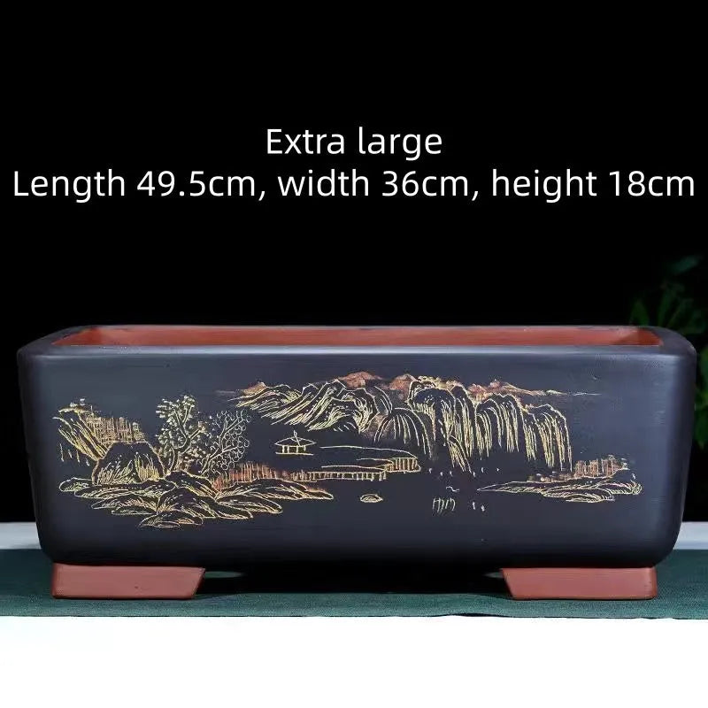 Large handmade rectangular purple clay bonsai pot in deep blue black for pine trees.
