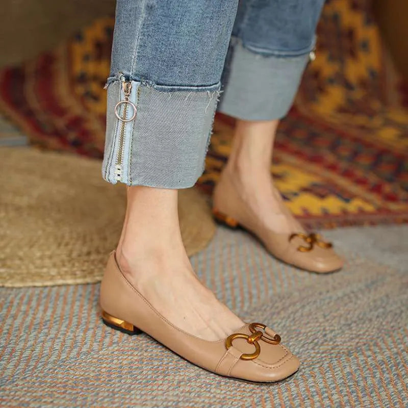 Women's square toe low heel pumps with metal buckle in apricot colour, Wanwan Lei Mary Jane style.