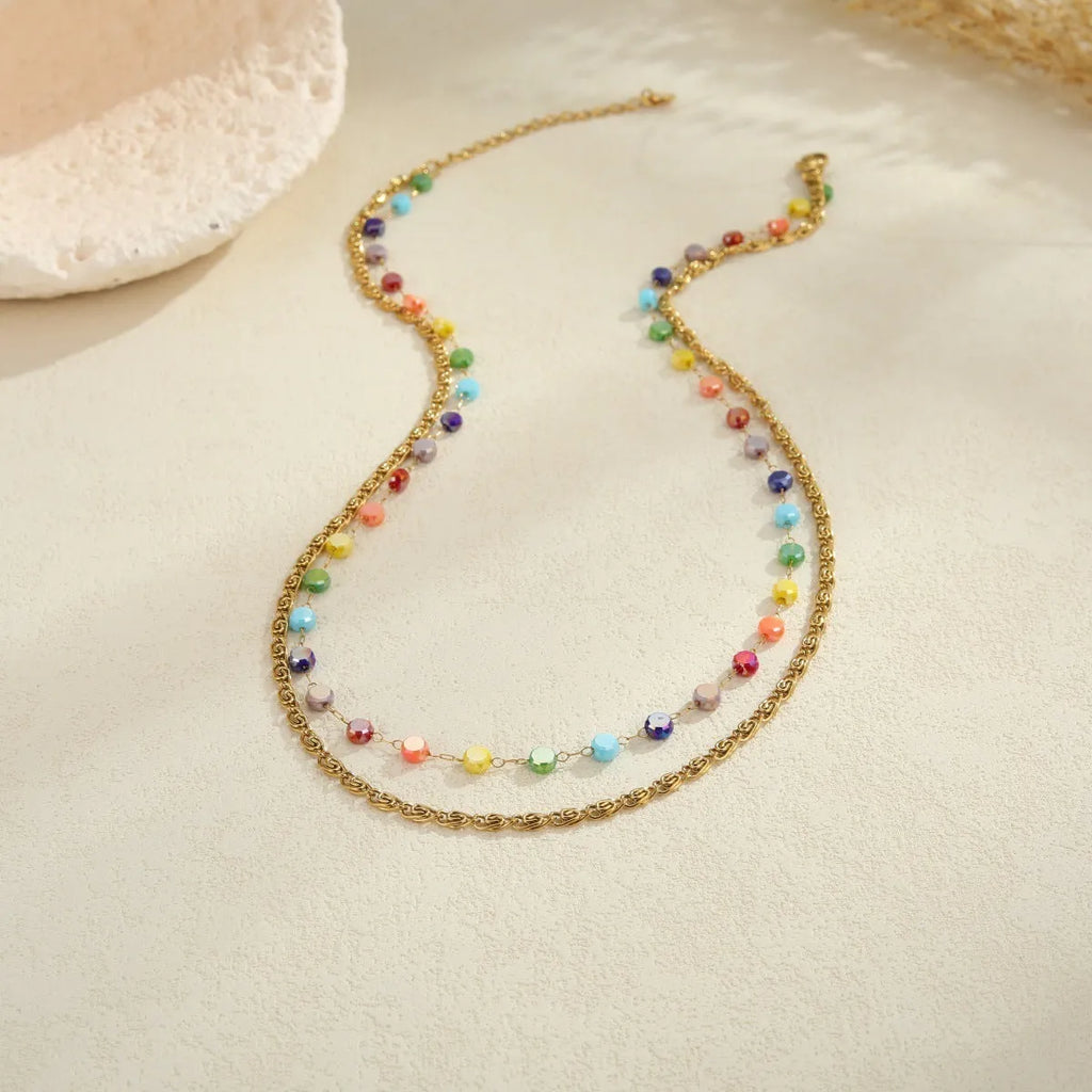 Colorful beaded stainless steel gold-plated double-layer clavicle chain necklace for women with geometric pendant