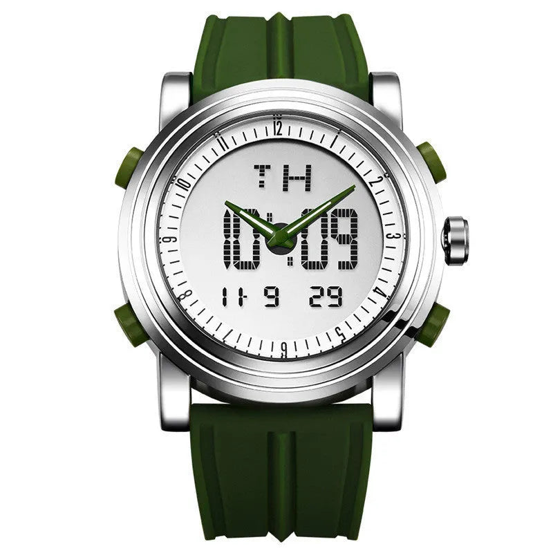 Black luminous electronic watch with analogue hands and digital display on 47mm dial
