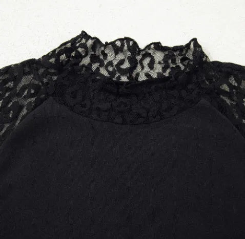 Black leopard print mesh stitching knitted long-sleeved top for women