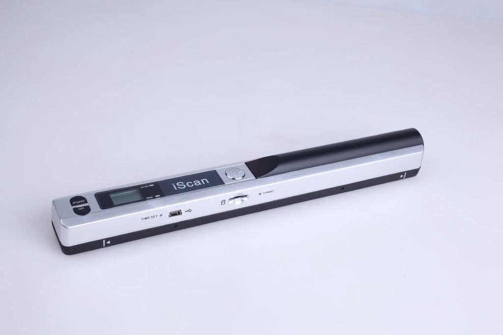 A handheld plastic scanner shown in five colour options: black, blue, green, red, and silver.