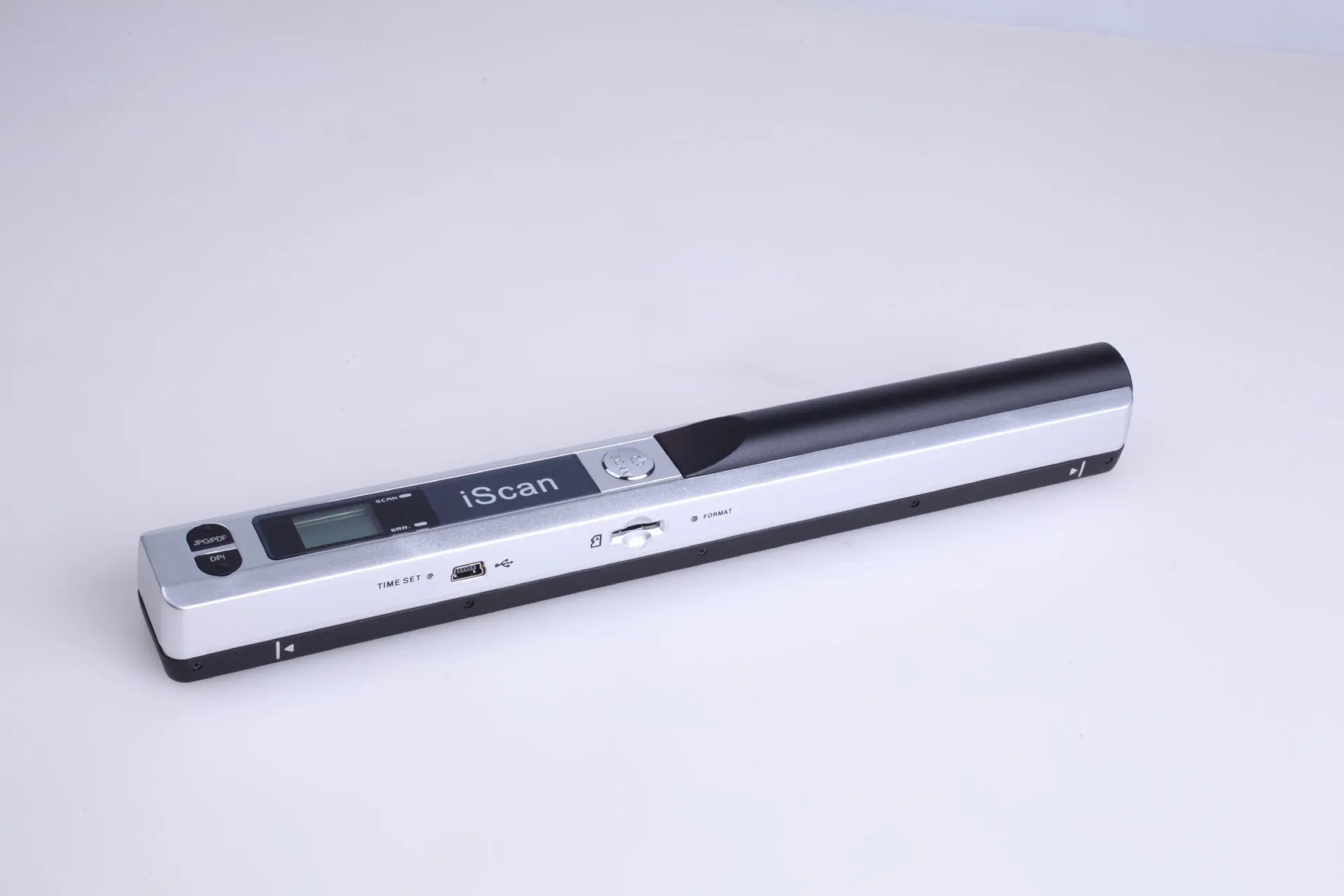 A handheld plastic scanner shown in five colour options: black, blue, green, red, and silver.