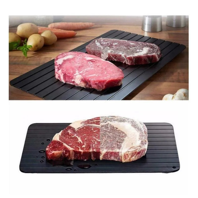 Black aluminium fast defrost tray for thawing frozen meat and food without electricity