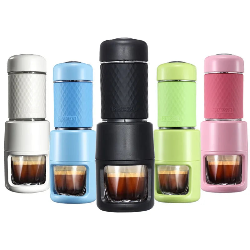 Portable manual espresso coffee machine in four colours with compact stainless steel design.