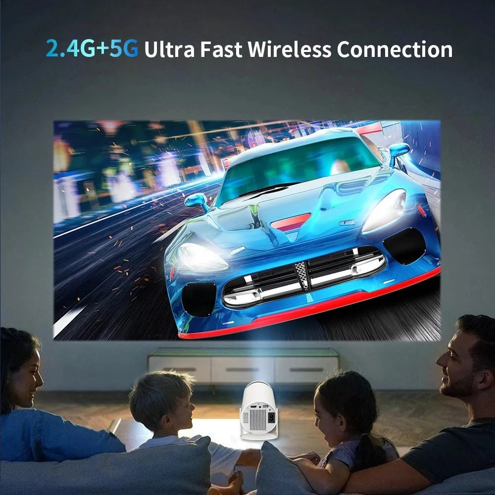 White Barrel X10 PLUS portable smart projector with gamepad and remote control on a table.