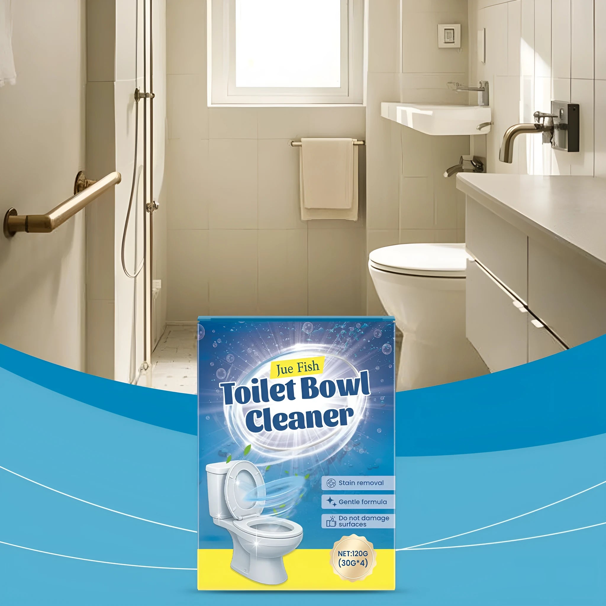Toilet cleaning powder pack with four 30g sachets for descaling and stain removal