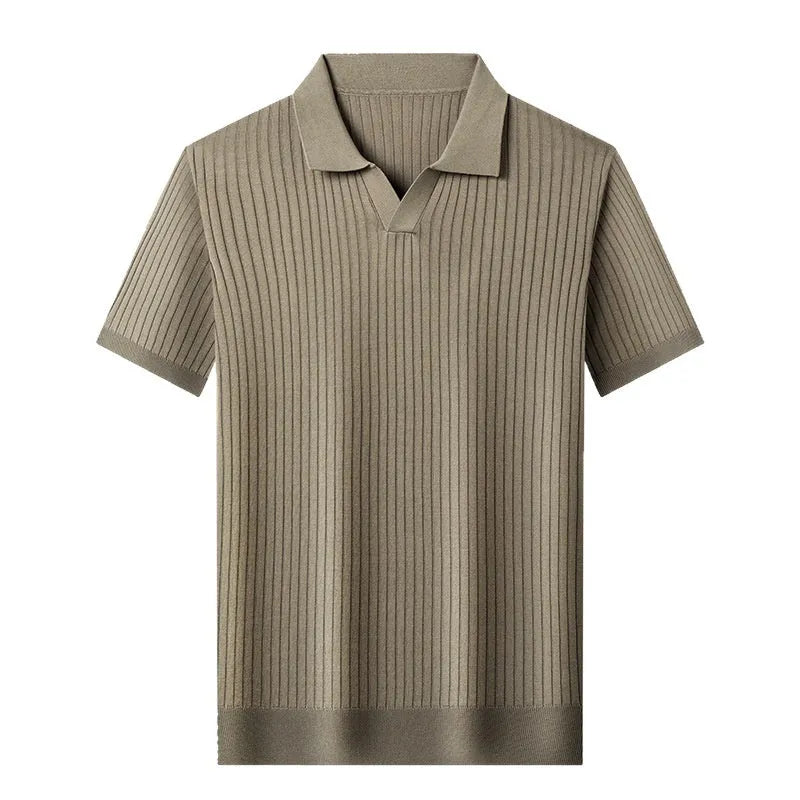 Man wearing a striped mulberry silk T-shirt with a short sleeve and lapel collar.