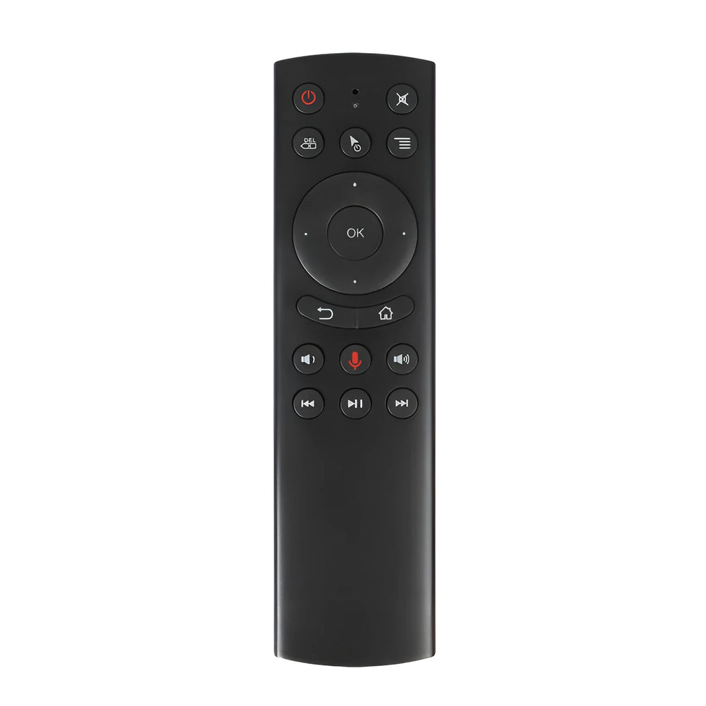 G20 2.4G wireless flying mouse voice remote control with black ABS plastic body and silicone buttons.