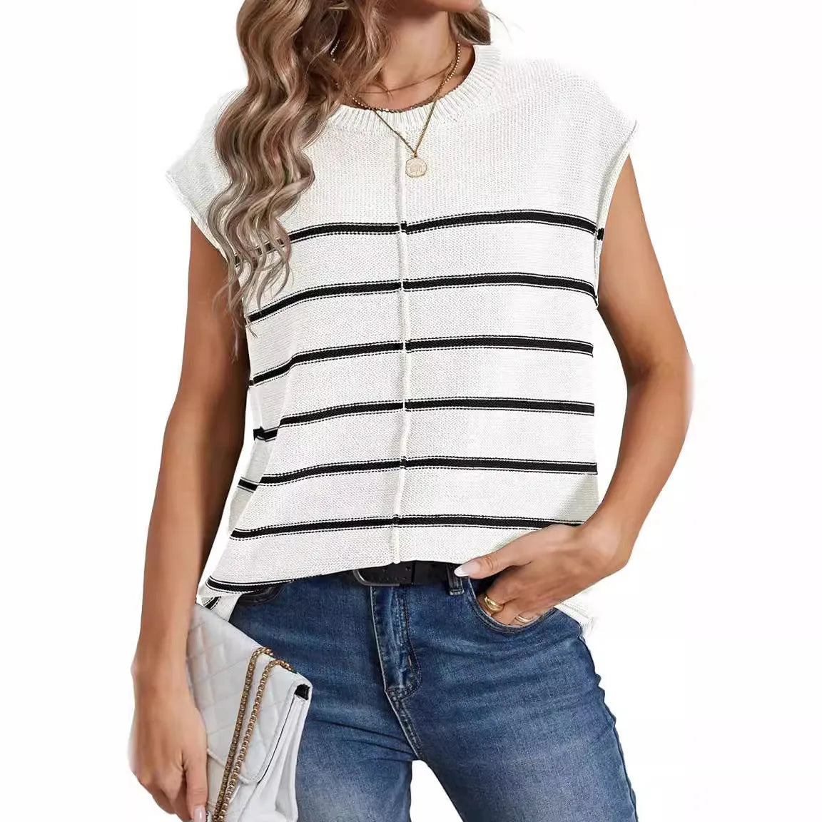 Women's striped sleeveless vest pullover top in acrylic fabric with bone stitching.