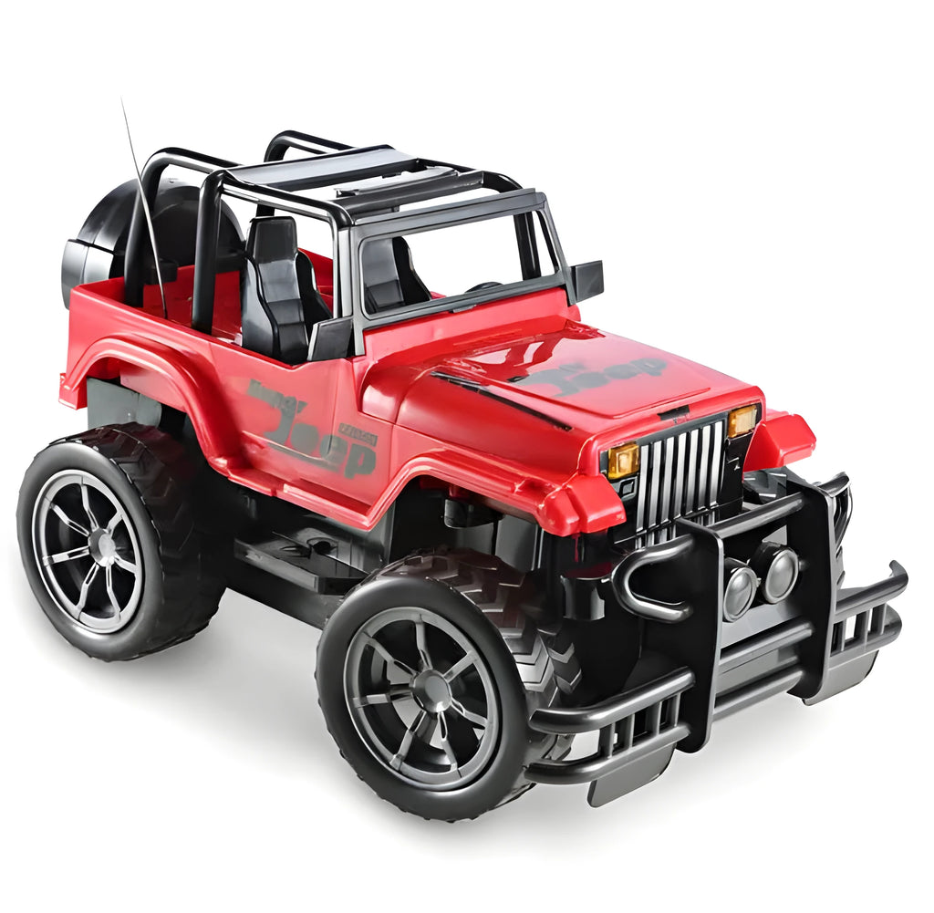 Wrangler Knight remote control car in red on grass, with controller, 4-channel off-road drift car for children over 3