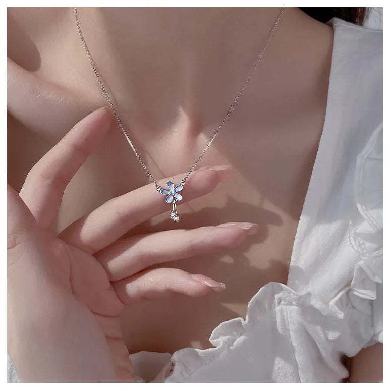 S999 pure silver flower pendant necklace with white nano anti-oxidation finish on cross chain