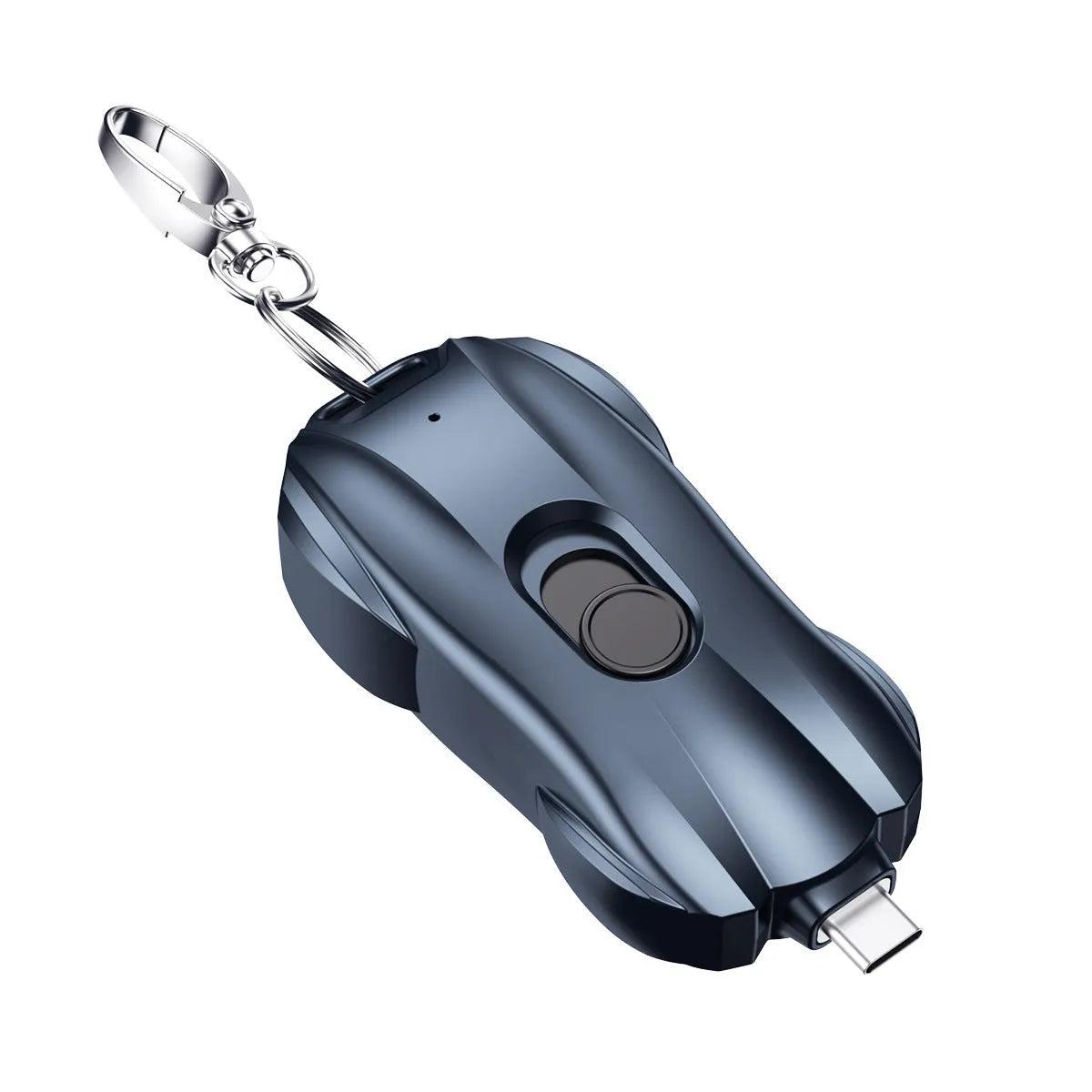 Mini plastic keychain power bank with 1500mAh capacity on a keyring.