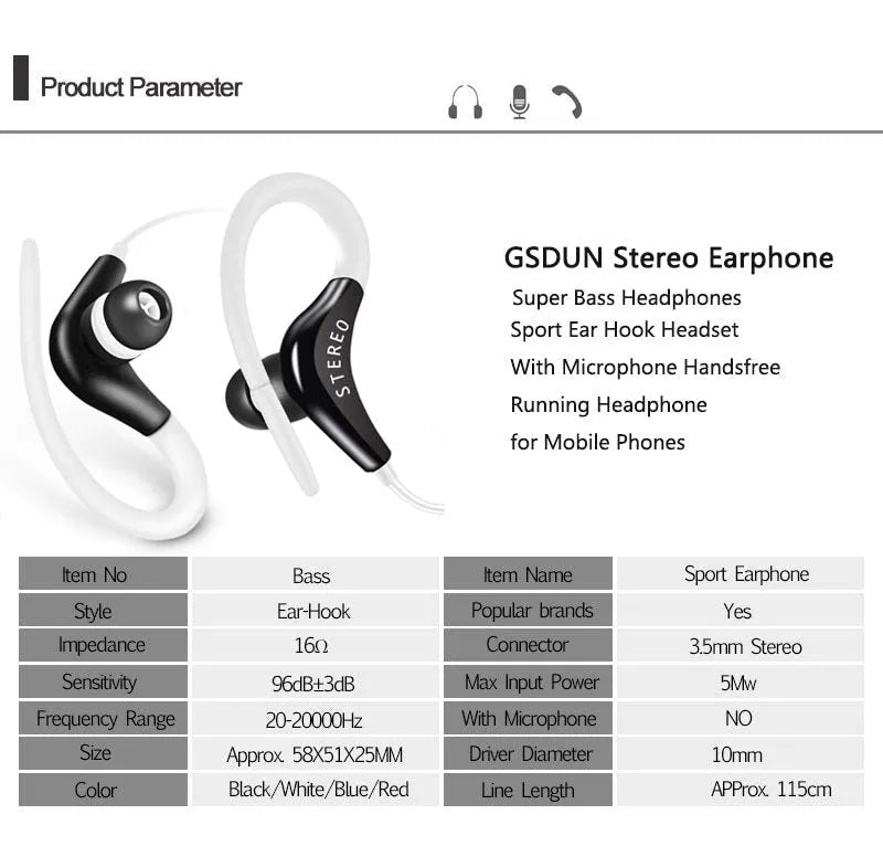 Earhook sport headphones with microphone and 1.2 metre cable in various colours