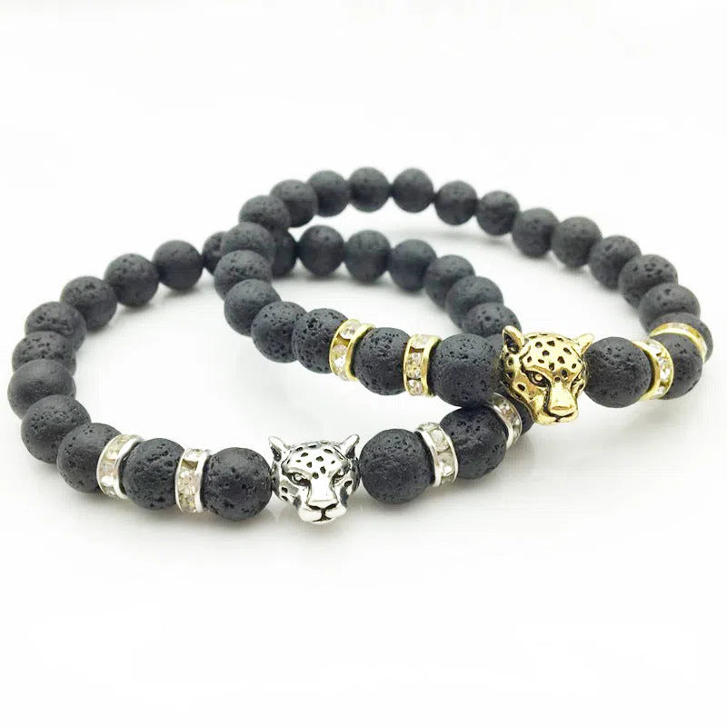 8mm natural stone and lava stone bead bracelet with leopard head pendant for men, 18cm diameter, gold frosted black