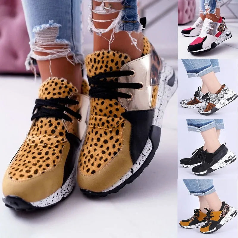 Women's casual suede sneakers with a wedge heel in black, leopard, pink, and snake pattern colours.