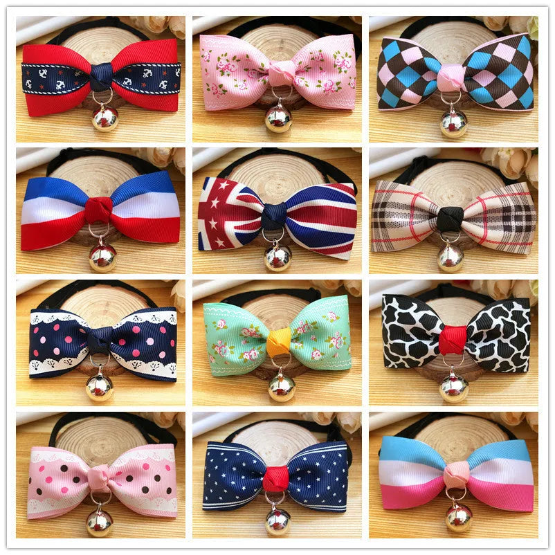 Pet dog cat bow tie collar with bell, polyester, 8.5cm size, blue colour, on small pet