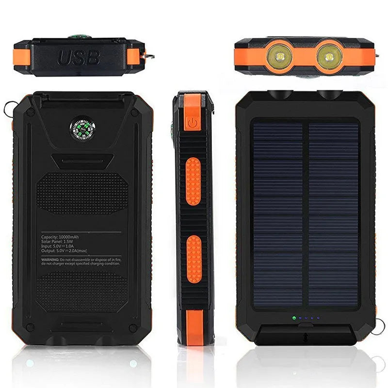 Strong waterproof solar power bank 20000mAh with compass, black shell, polymer lithium ion battery