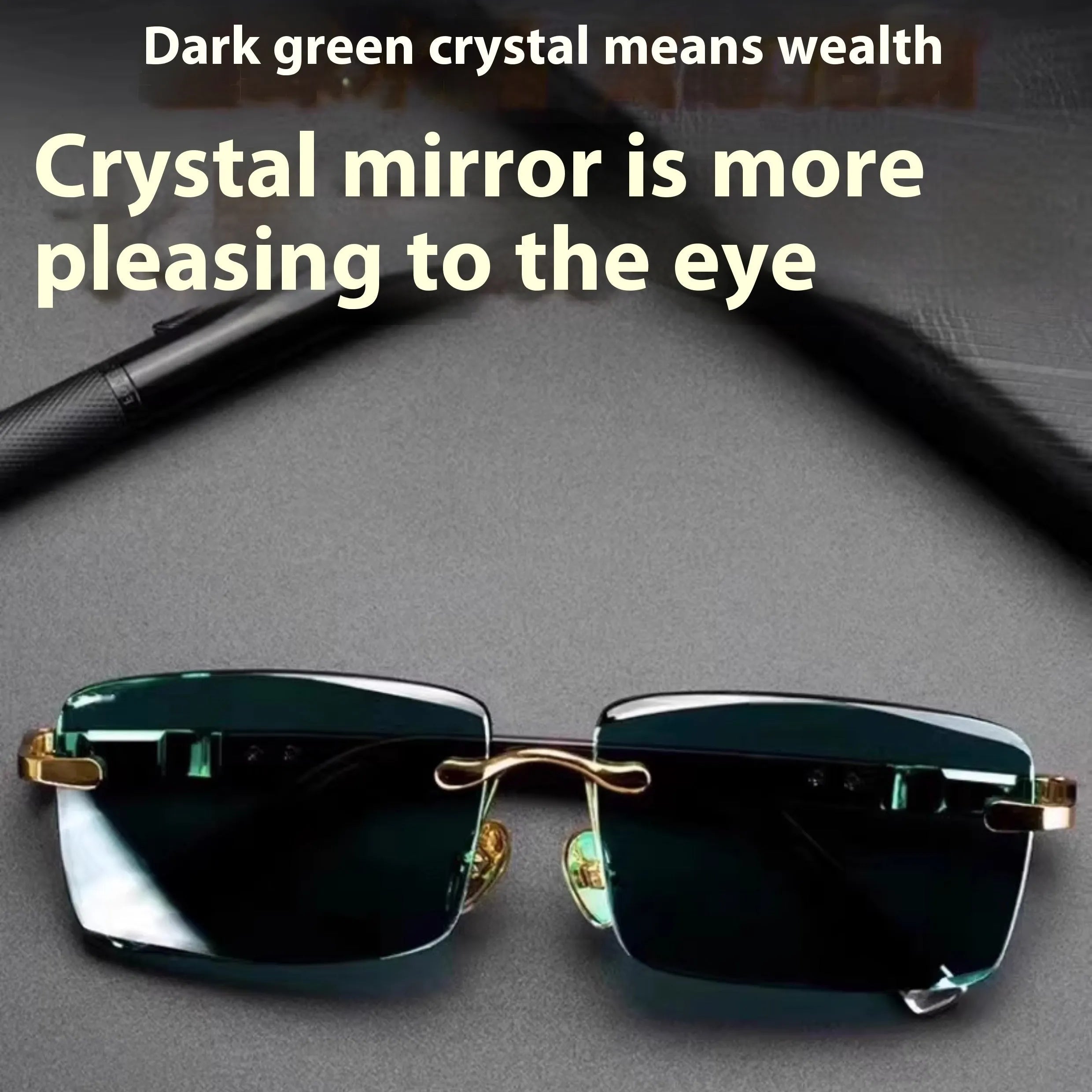 Dark green frameless crystal sunglasses inside a protective case with a lens cloth.