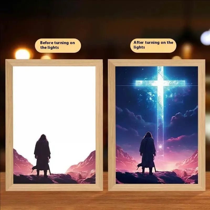 Handmade rectangular LED light painting photo frame showing a spiritual cross design, with USB cable.