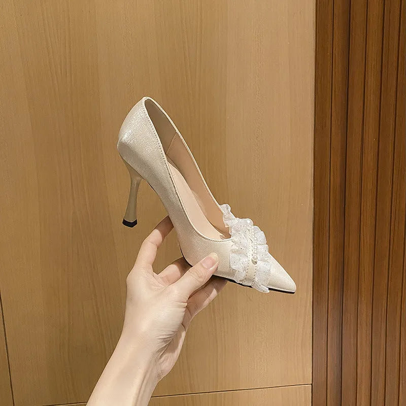 Women's satin stiletto heels in Champagne, pointed toe with lace and beading decorations