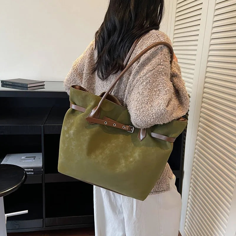 Retro large tote bag for women, deerskin velvet, 46x15x31cm, sandwich pocket, black green brown light brown colours