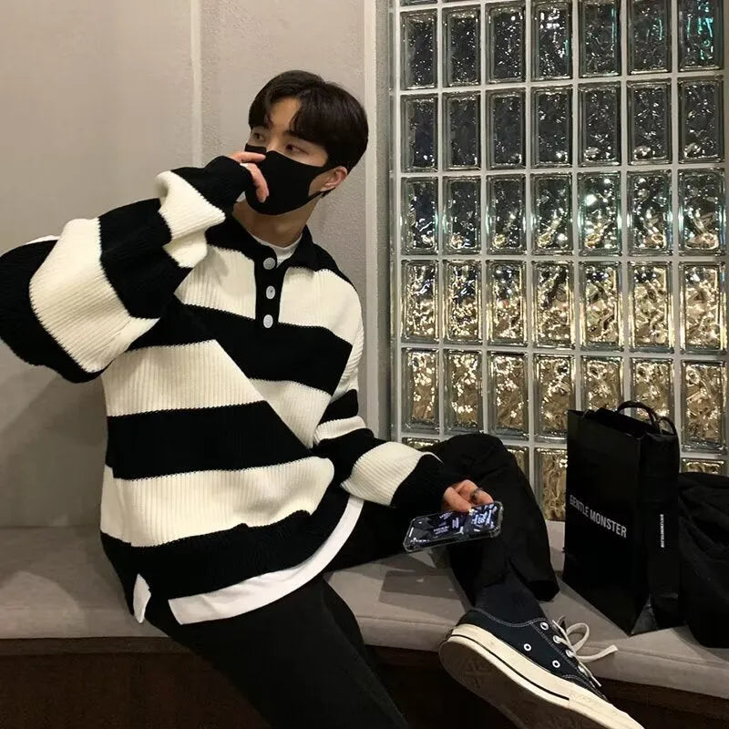 Men's loose fit striped pullover sweater coat in black or grey with long sleeves