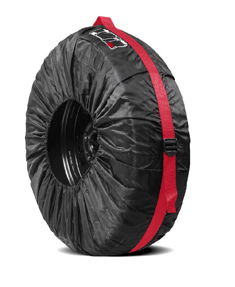 Set of four black Oxford cloth car tyre protective covers for parked vehicles.