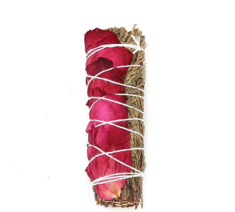 White sage and red rose petal incense bundle for fresh air with colourful dried botanicals